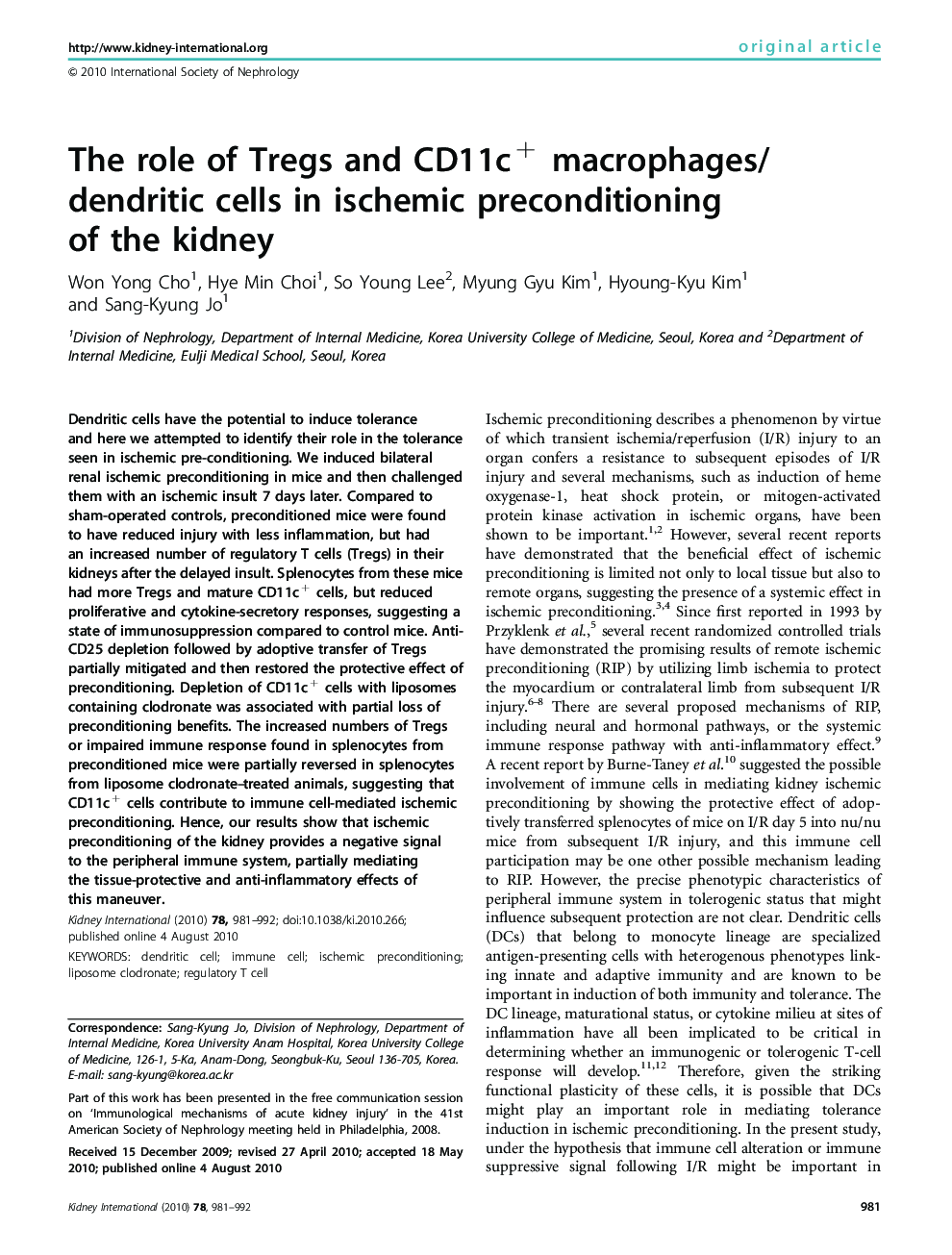 The role of Tregs and CD11c+ macrophages/dendritic cells in ischemic preconditioning of the kidney 