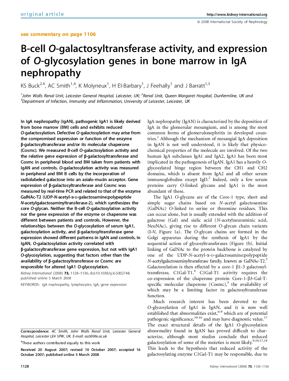 B-cell O-galactosyltransferase activity, and expression of O-glycosylation genes in bone marrow in IgA nephropathy