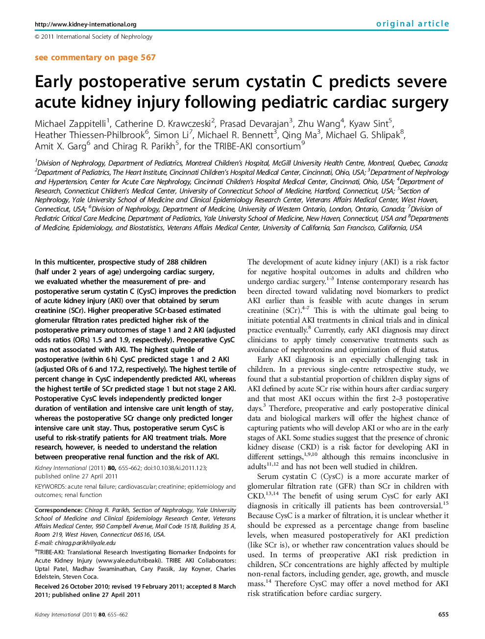 Early postoperative serum cystatin C predicts severe acute kidney injury following pediatric cardiac surgery 