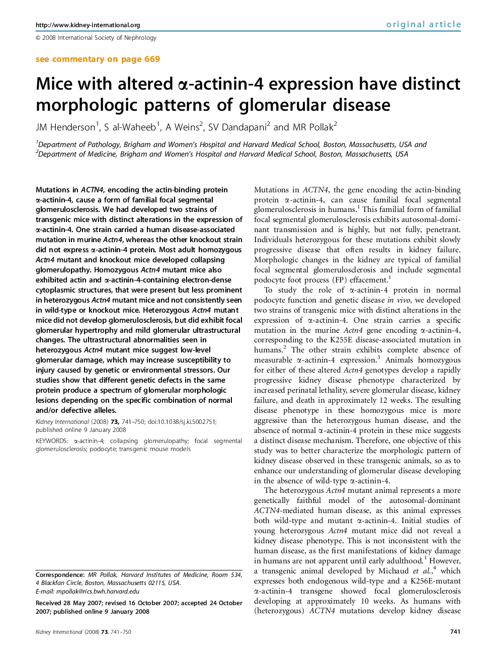 Mice with altered α-actinin-4 expression have distinct morphologic patterns of glomerular disease