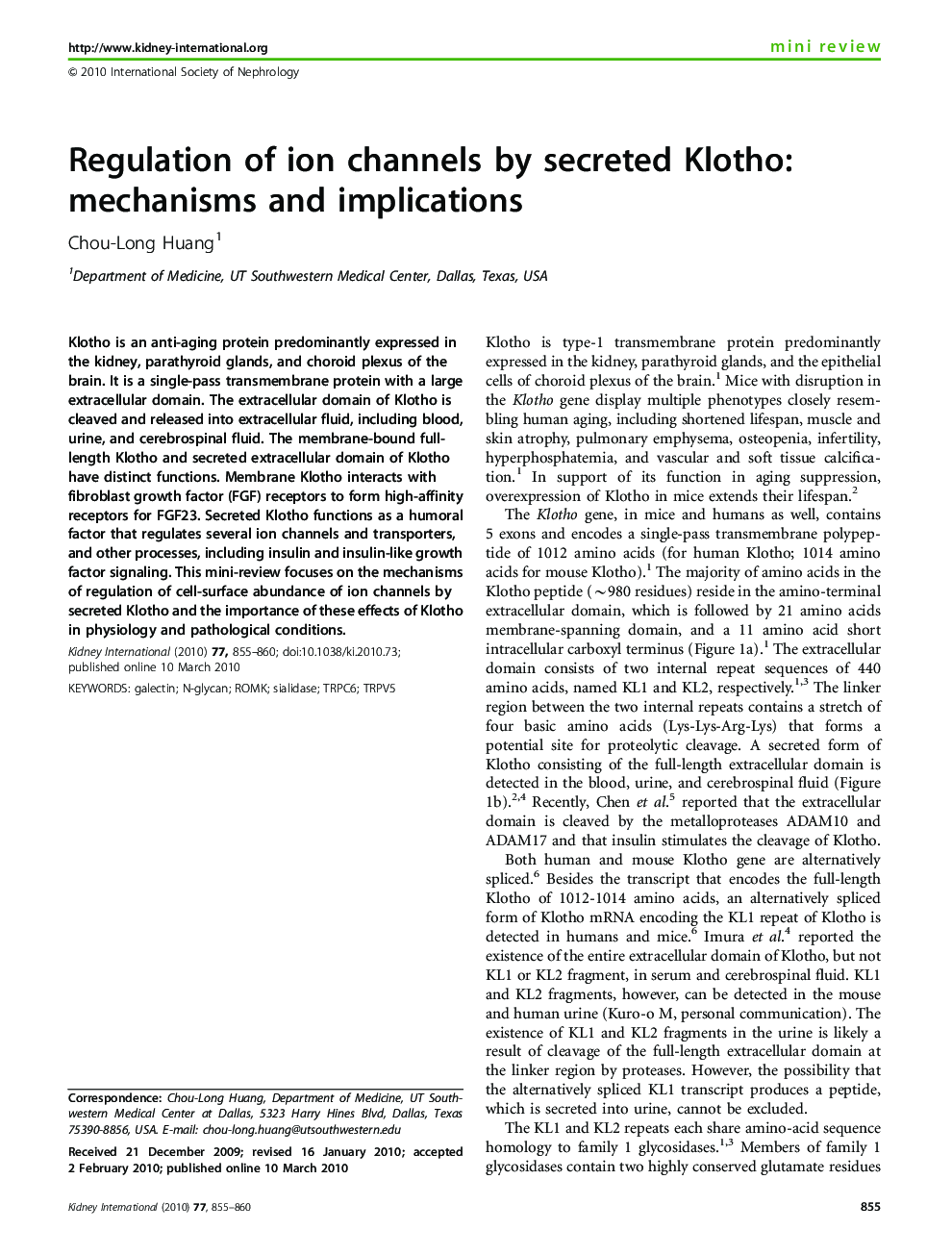 Regulation of ion channels by secreted Klotho: mechanisms and implications 