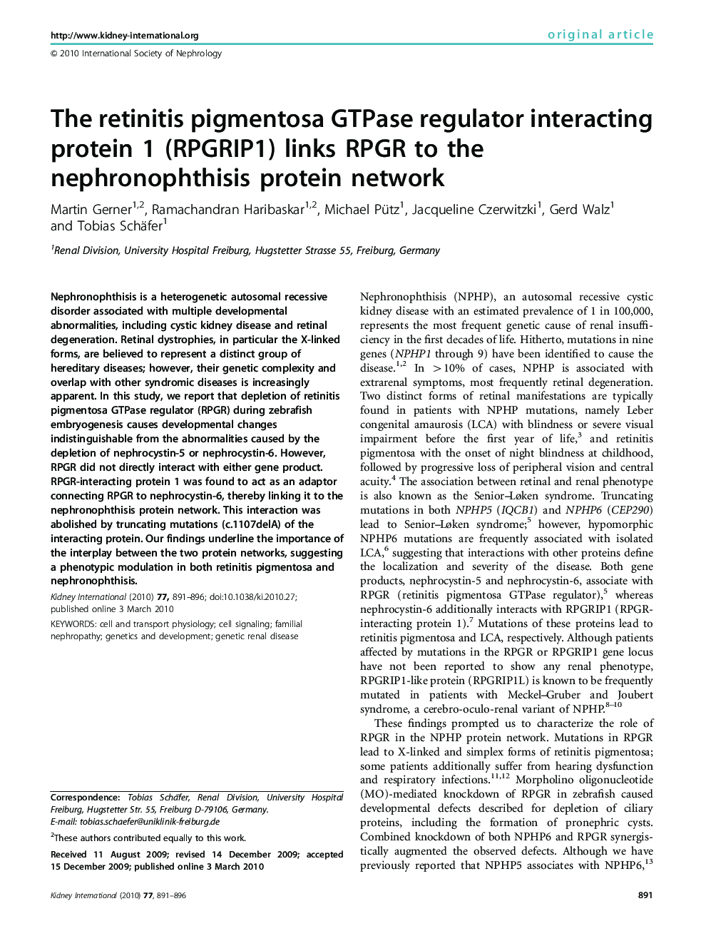 The retinitis pigmentosa GTPase regulator interacting protein 1 (RPGRIP1) links RPGR to the nephronophthisis protein network 