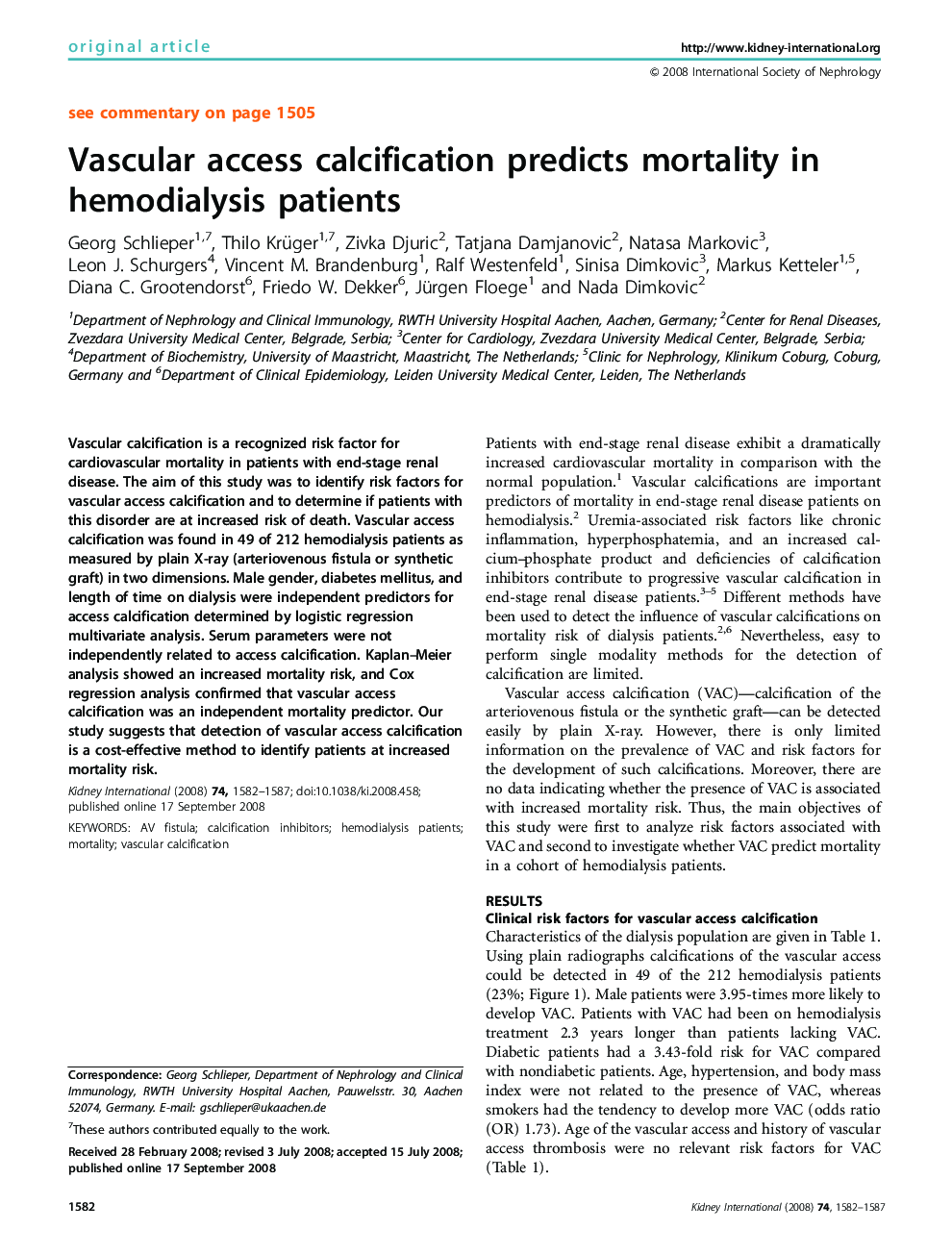 Vascular access calcification predicts mortality in hemodialysis patients