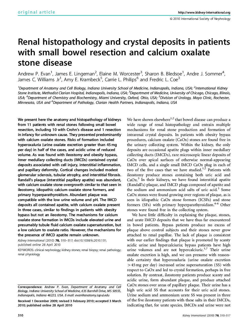 Renal histopathology and crystal deposits in patients with small bowel resection and calcium oxalate stone disease 