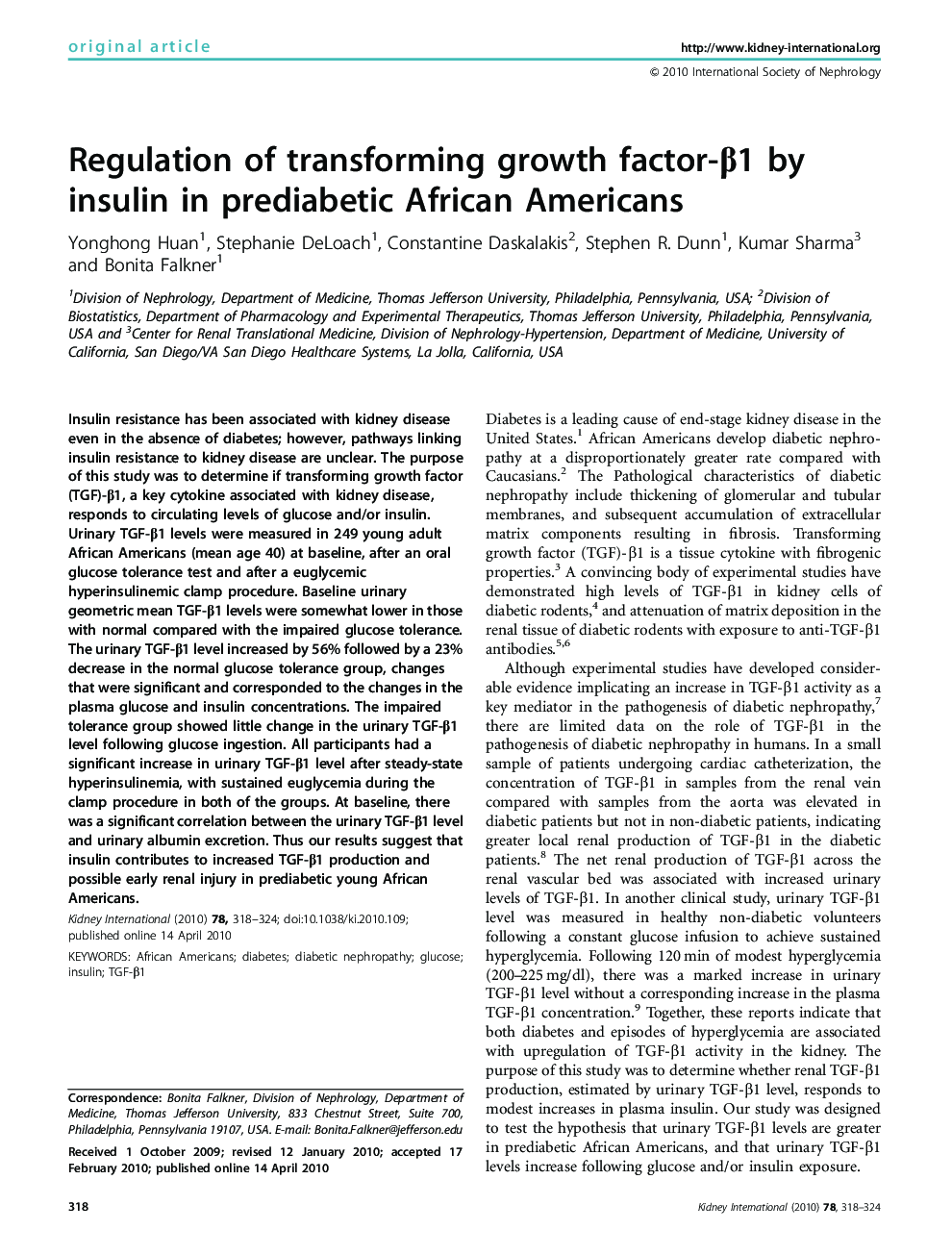 Regulation of transforming growth factor-β1 by insulin in prediabetic African Americans 