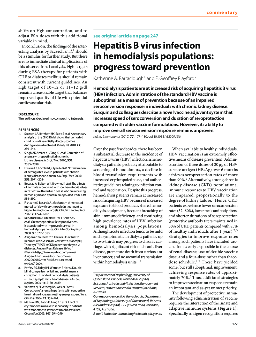 Hepatitis B virus infection in hemodialysis populations: progress toward prevention 