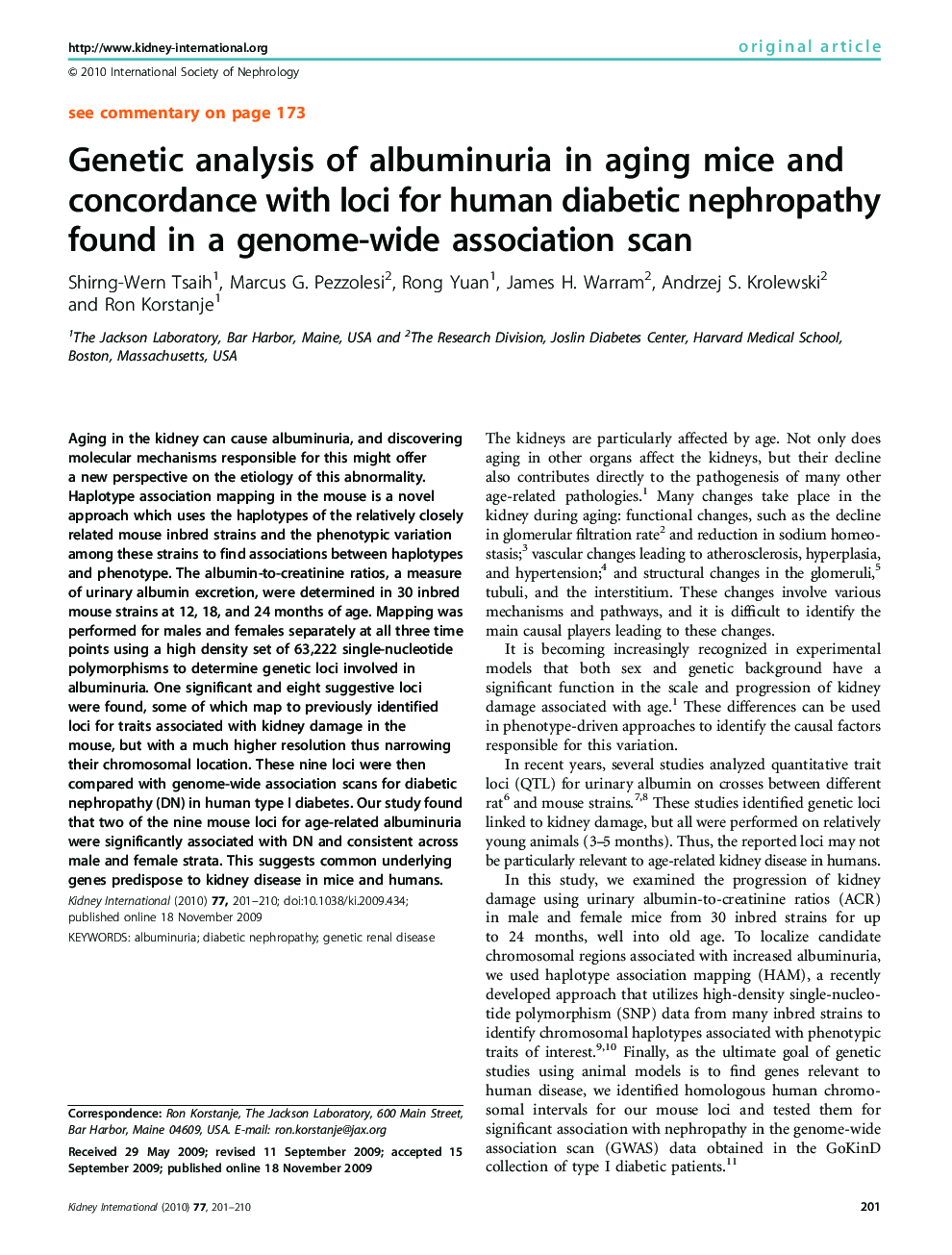 Genetic analysis of albuminuria in aging mice and concordance with loci for human diabetic nephropathy found in a genome-wide association scan 