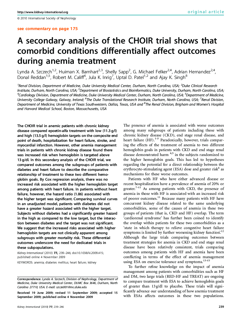 A secondary analysis of the CHOIR trial shows that comorbid conditions differentially affect outcomes during anemia treatment 
