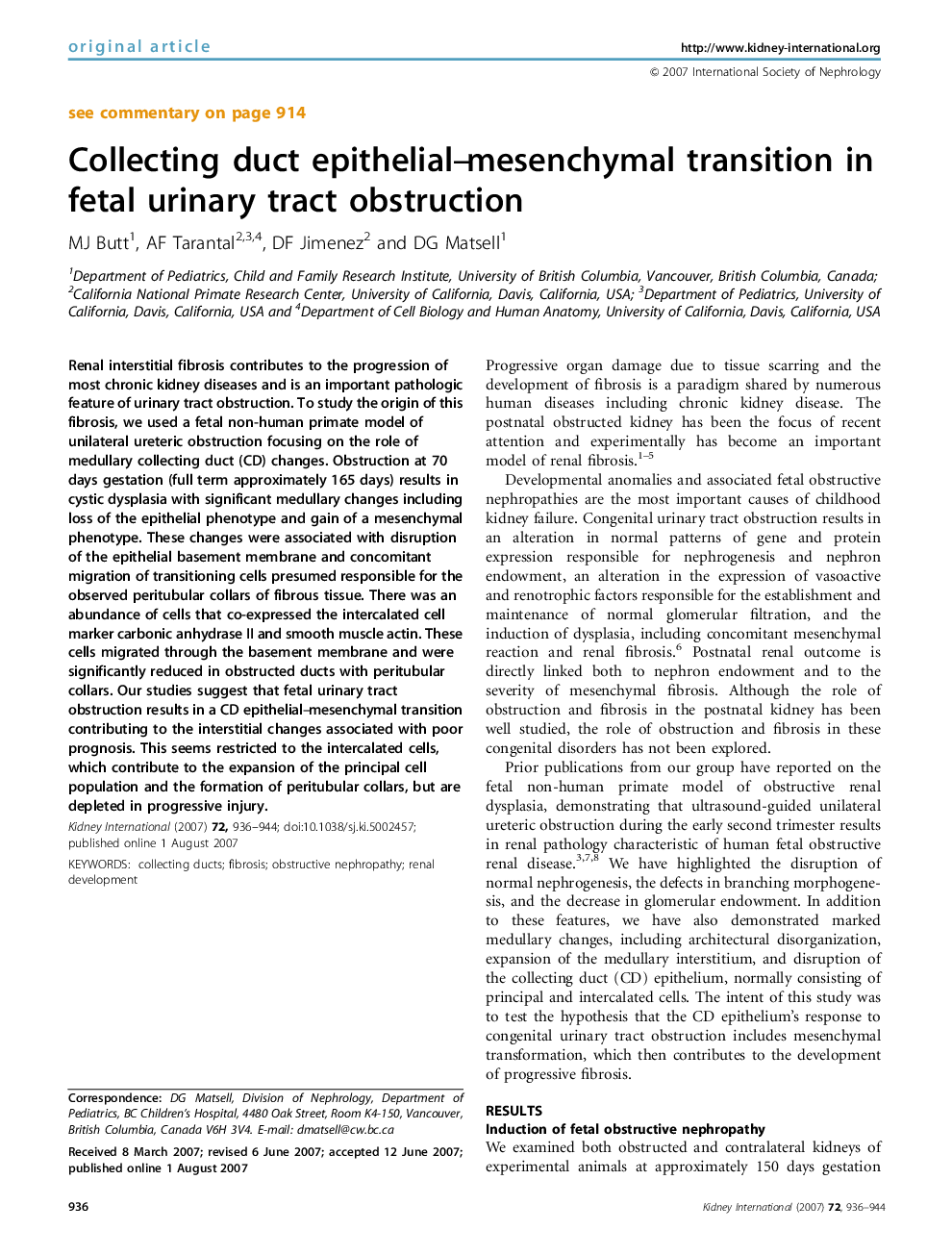 Collecting duct epithelial–mesenchymal transition in fetal urinary tract obstruction