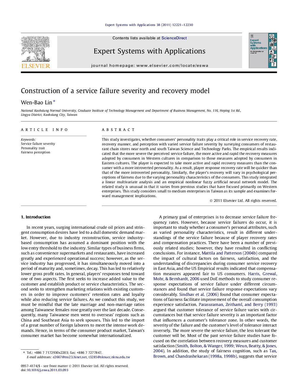 Construction of a service failure severity and recovery model