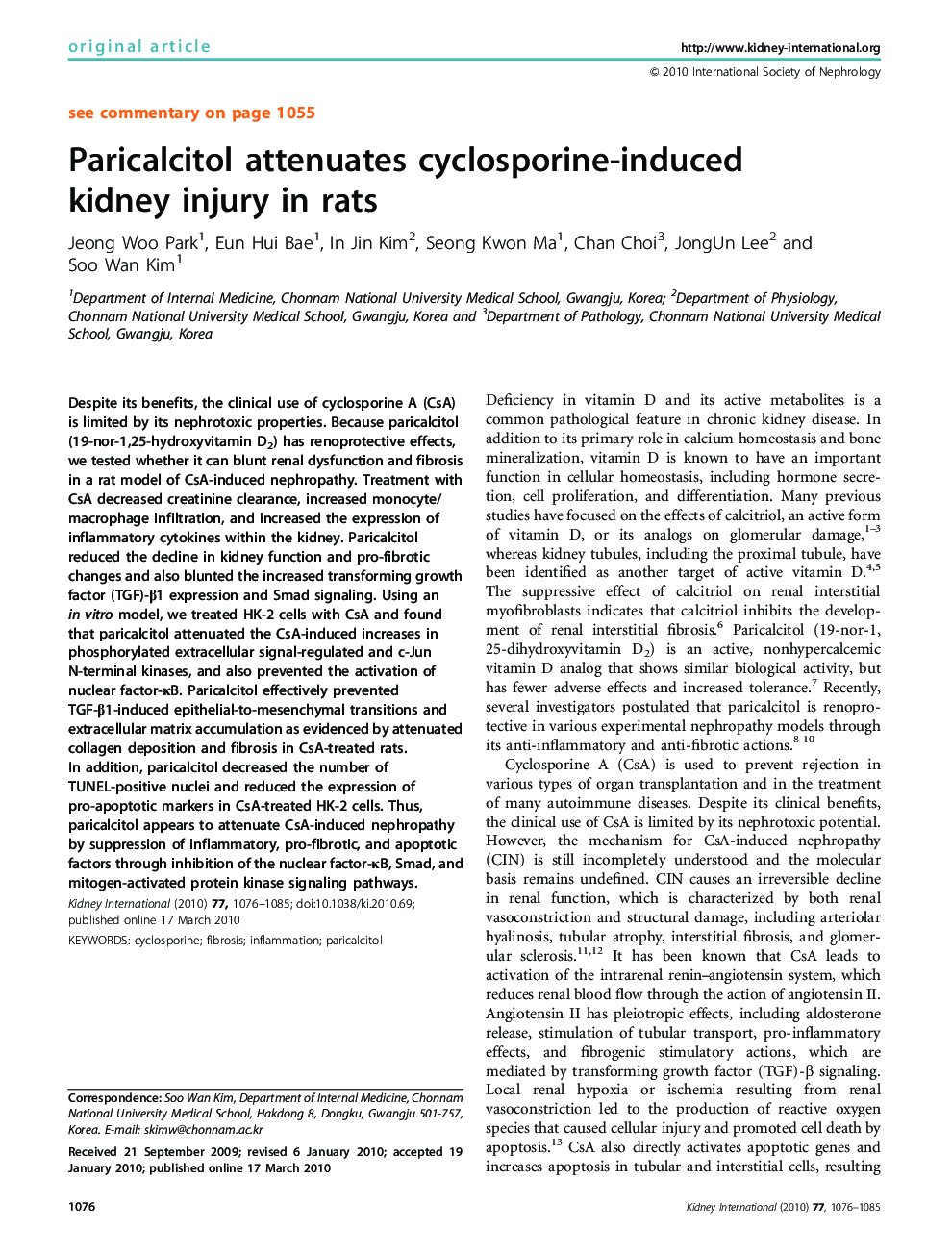 Paricalcitol attenuates cyclosporine-induced kidney injury in rats