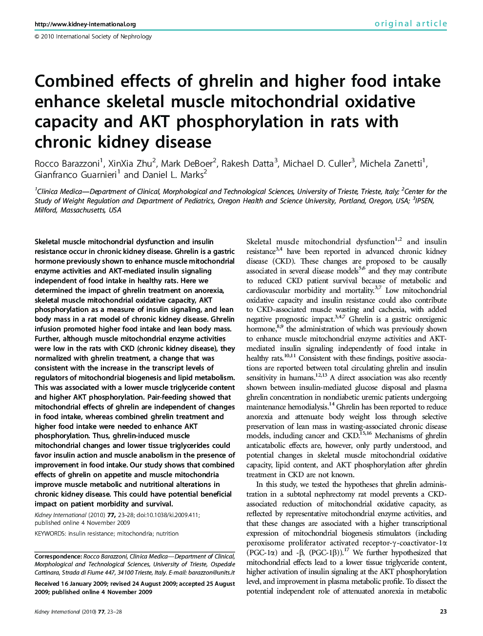 Combined effects of ghrelin and higher food intake enhance skeletal muscle mitochondrial oxidative capacity and AKT phosphorylation in rats with chronic kidney disease 
