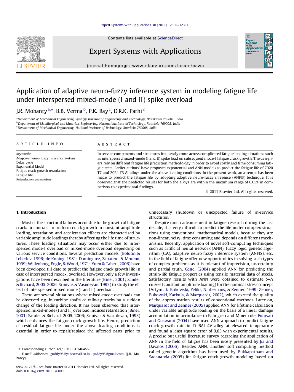 Application of adaptive neuro-fuzzy inference system in modeling fatigue life under interspersed mixed-mode (I and II) spike overload