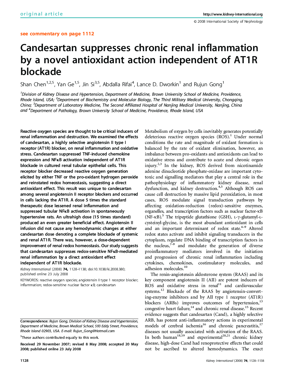 Candesartan suppresses chronic renal inflammation by a novel antioxidant action independent of AT1R blockade