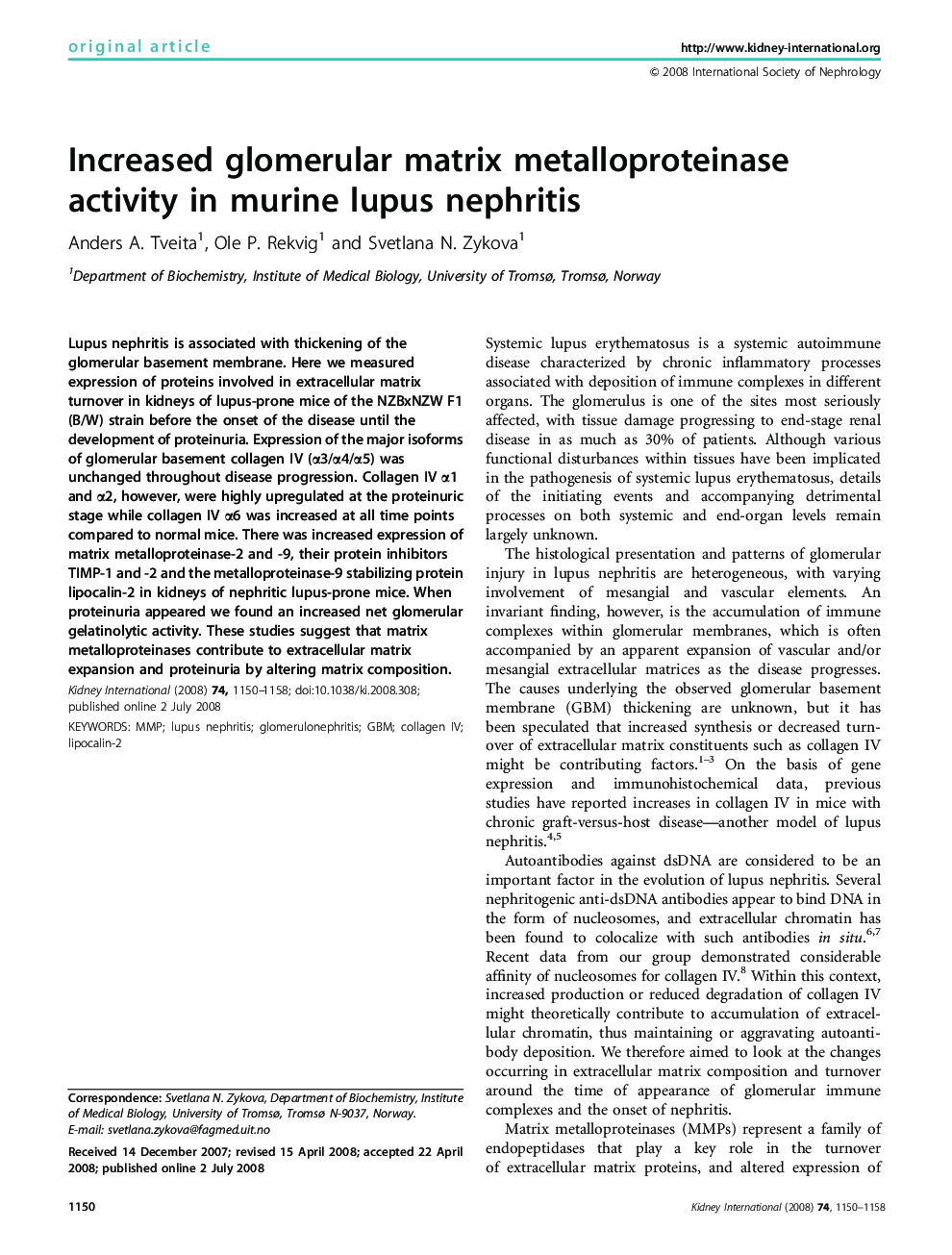 Increased glomerular matrix metalloproteinase activity in murine lupus nephritis