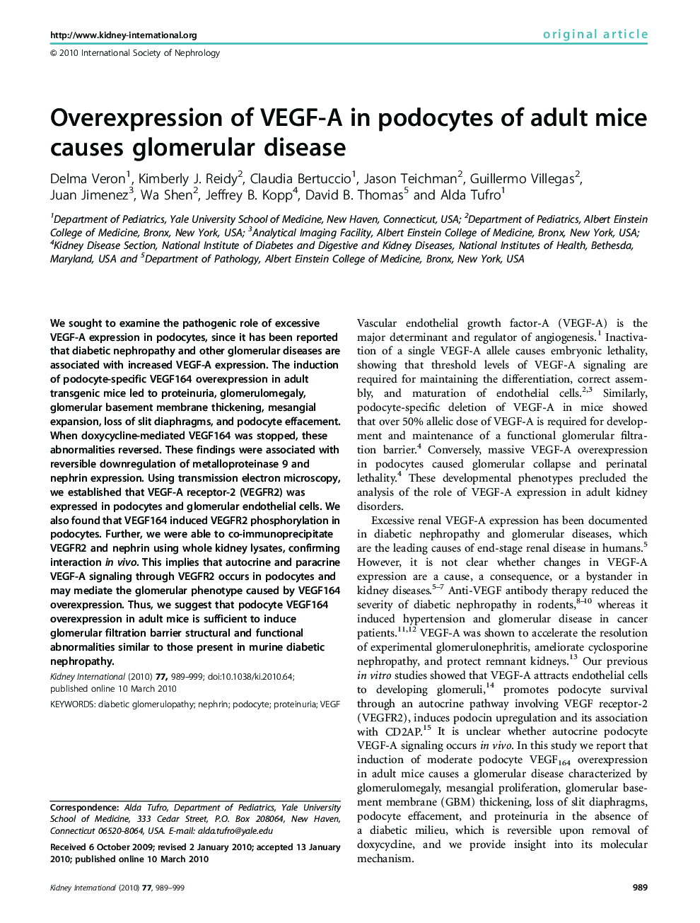 Overexpression of VEGF-A in podocytes of adult mice causes glomerular disease 