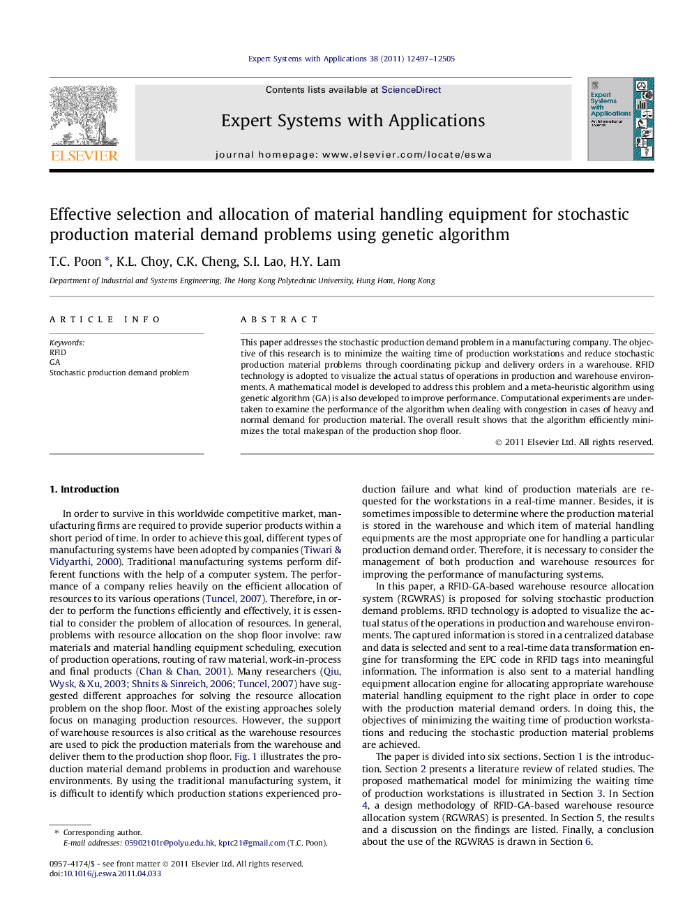 Effective selection and allocation of material handling equipment for stochastic production material demand problems using genetic algorithm