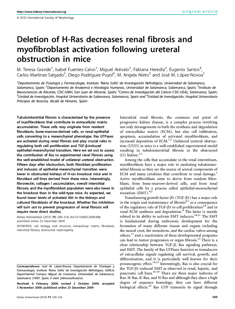 Deletion of H-Ras decreases renal fibrosis and myofibroblast activation following ureteral obstruction in mice