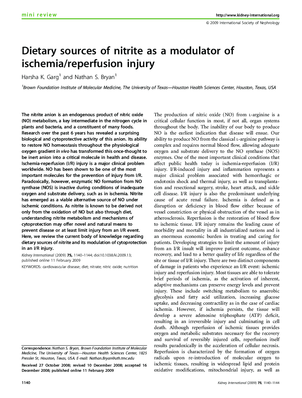 Dietary sources of nitrite as a modulator of ischemia/reperfusion injury 