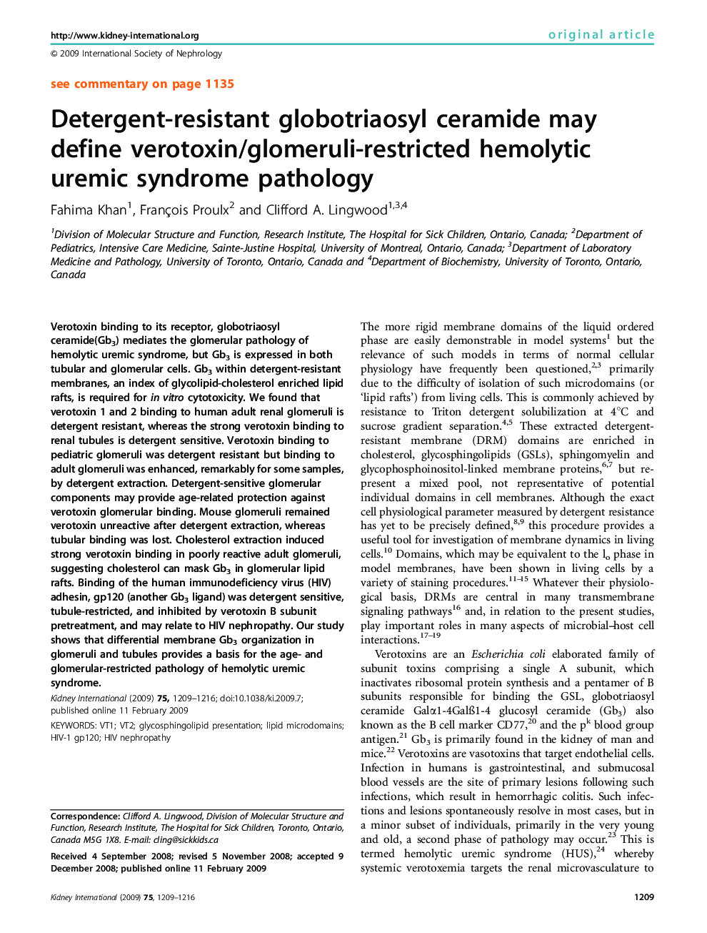 Detergent-resistant globotriaosyl ceramide may define verotoxin/glomeruli-restricted hemolytic uremic syndrome pathology 