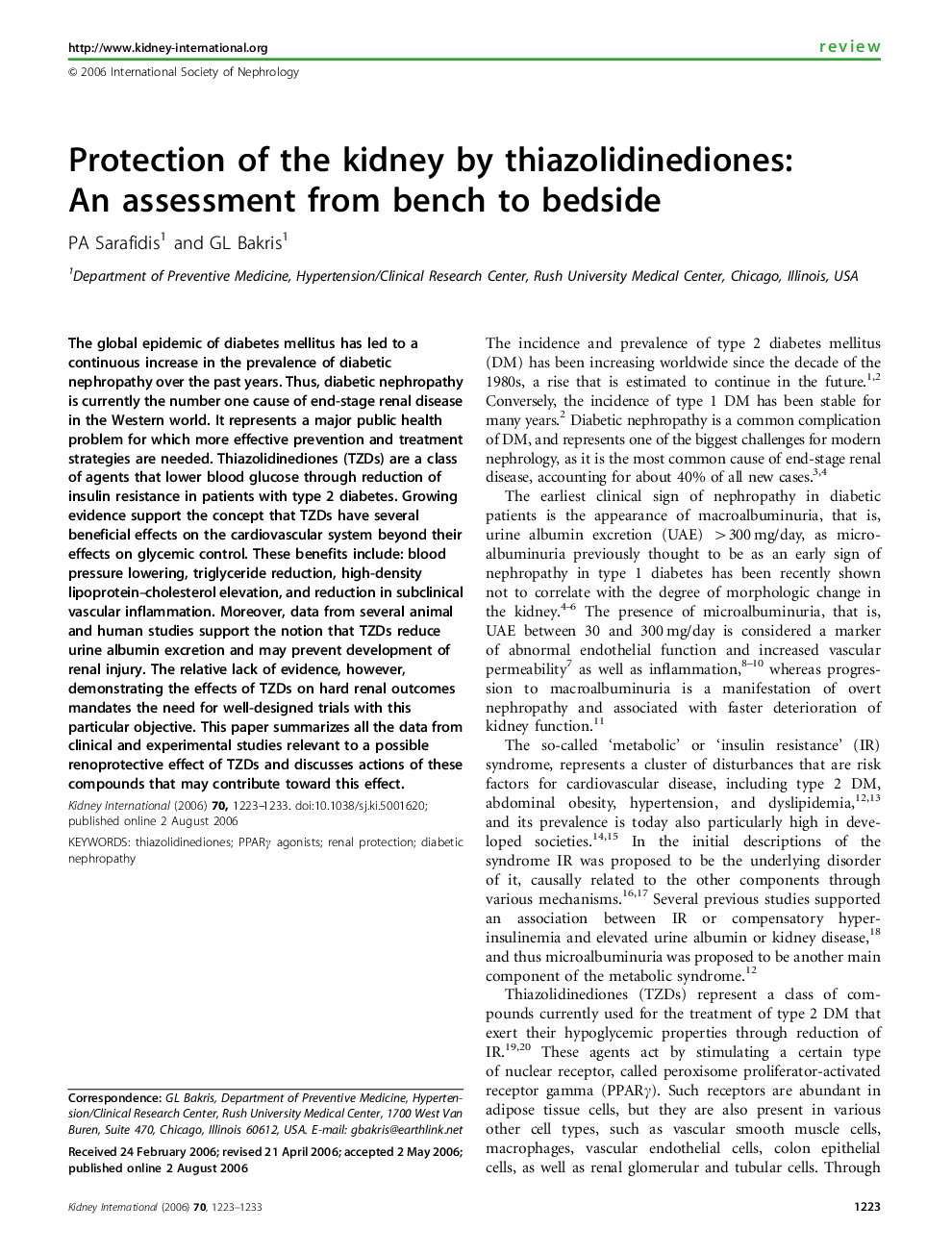 Protection of the kidney by thiazolidinediones: An assessment from bench to bedside