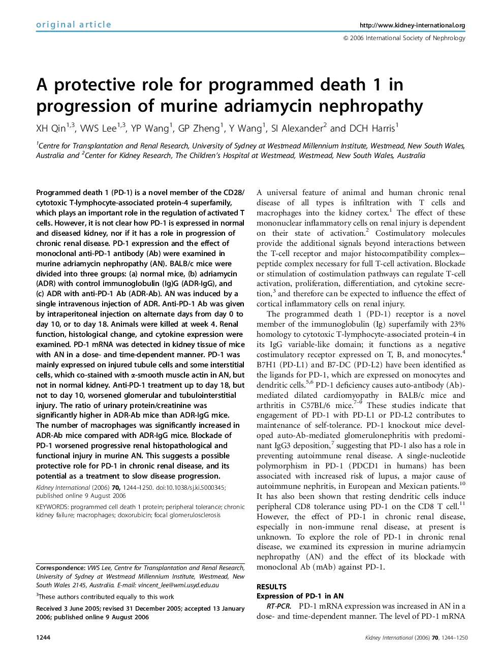 A protective role for programmed death 1 in progression of murine adriamycin nephropathy