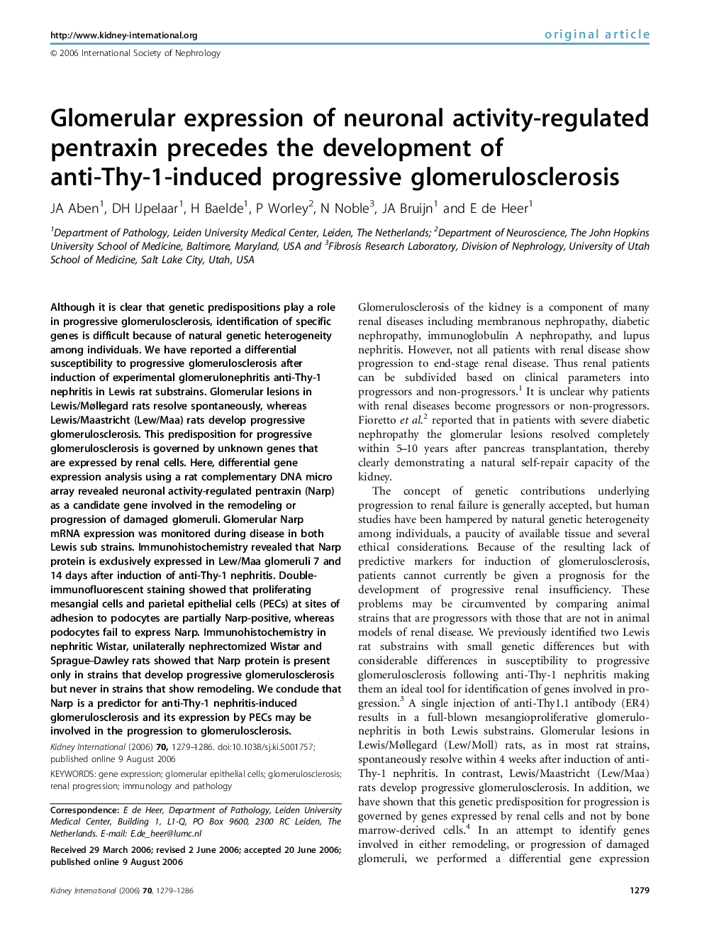 Glomerular expression of neuronal activity-regulated pentraxin precedes the development of anti-Thy-1-induced progressive glomerulosclerosis