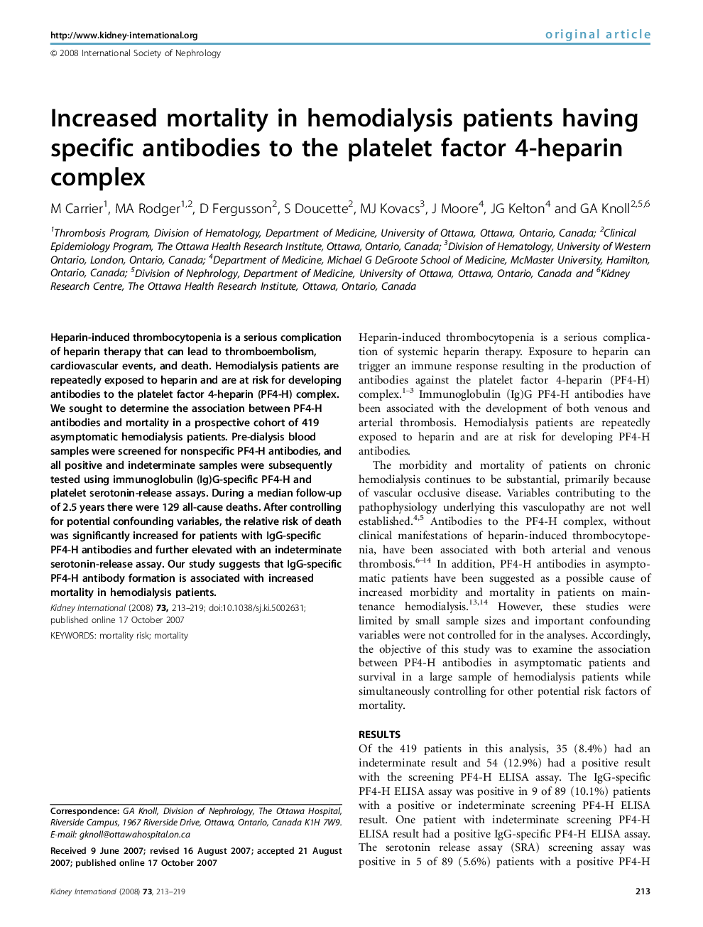 Increased mortality in hemodialysis patients having specific antibodies to the platelet factor 4-heparin complex