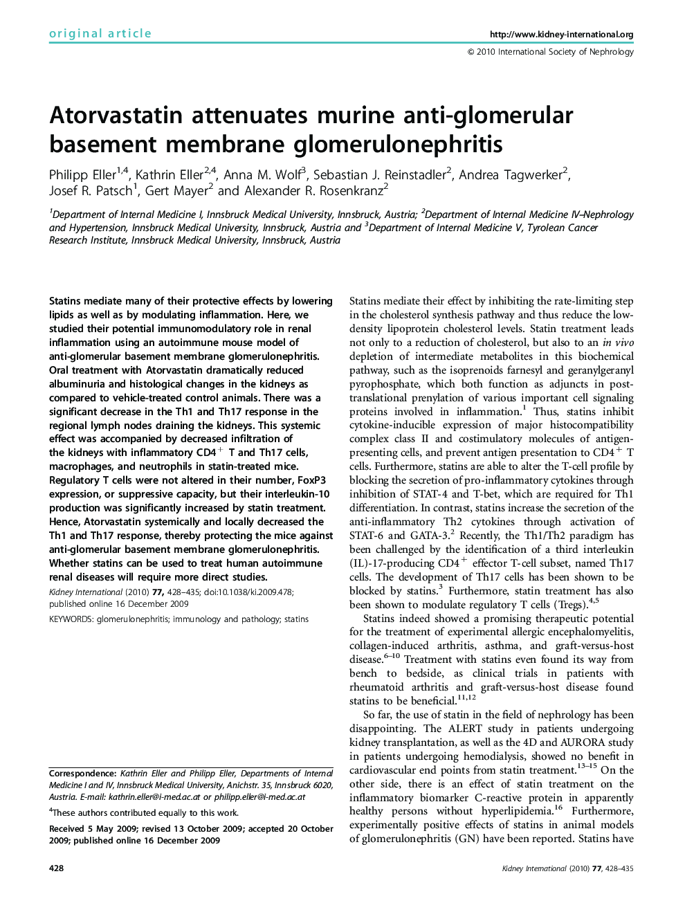 Atorvastatin attenuates murine anti-glomerular basement membrane glomerulonephritis 