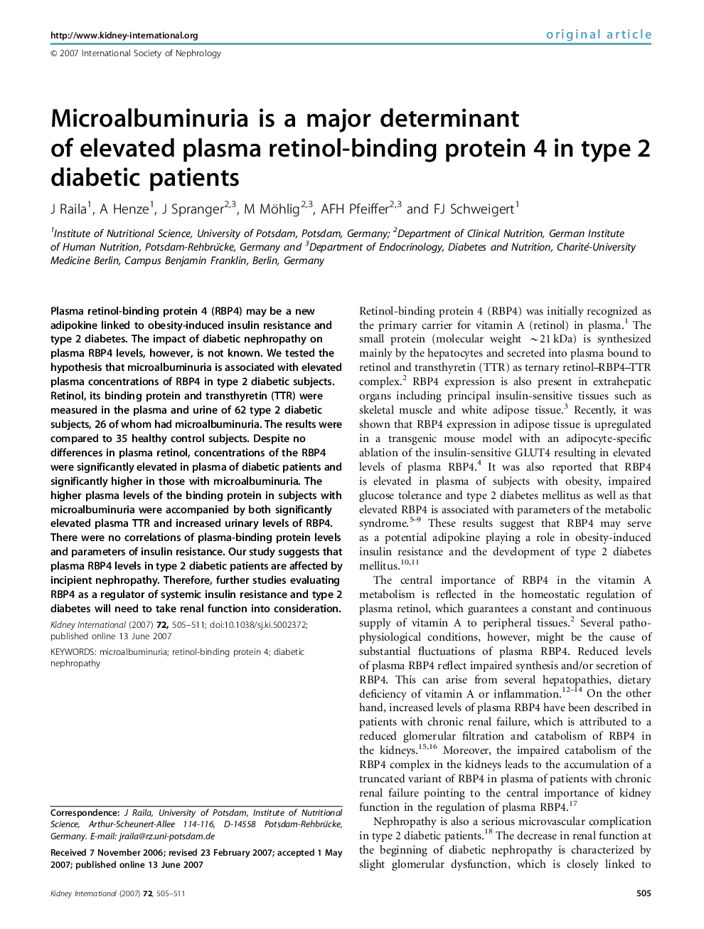Microalbuminuria is a major determinant of elevated plasma retinol-binding protein 4 in type 2 diabetic patients