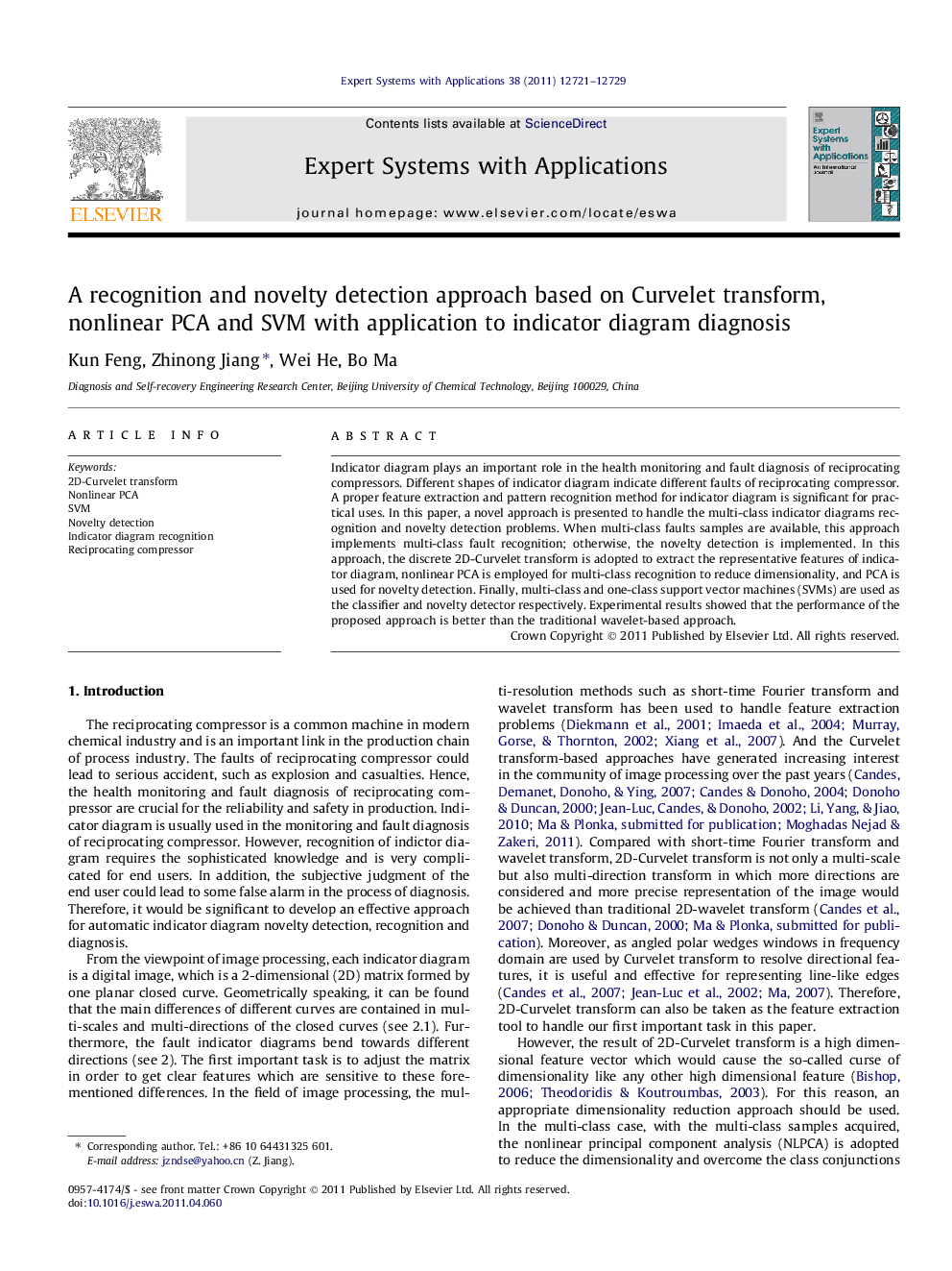 A recognition and novelty detection approach based on Curvelet transform, nonlinear PCA and SVM with application to indicator diagram diagnosis