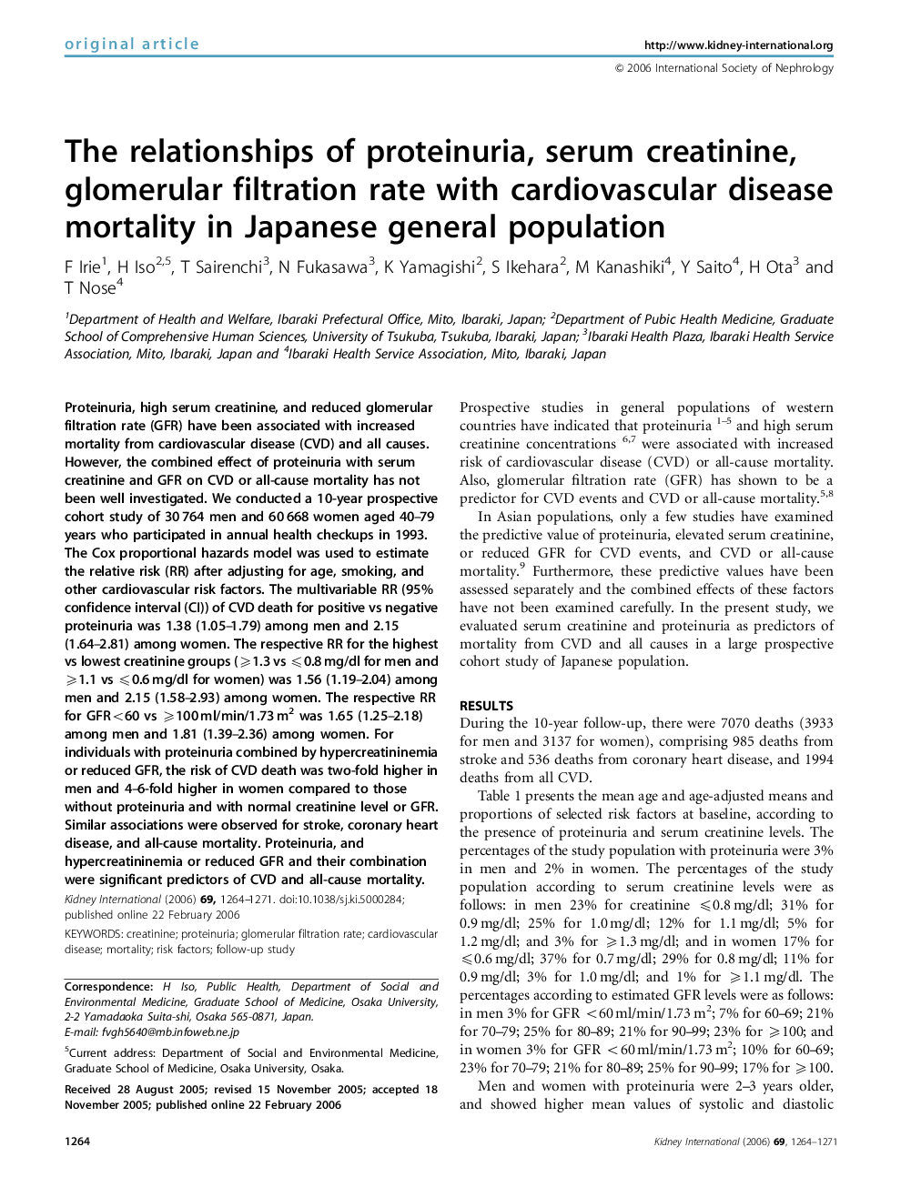 The relationships of proteinuria, serum creatinine, glomerular filtration rate with cardiovascular disease mortality in Japanese general population