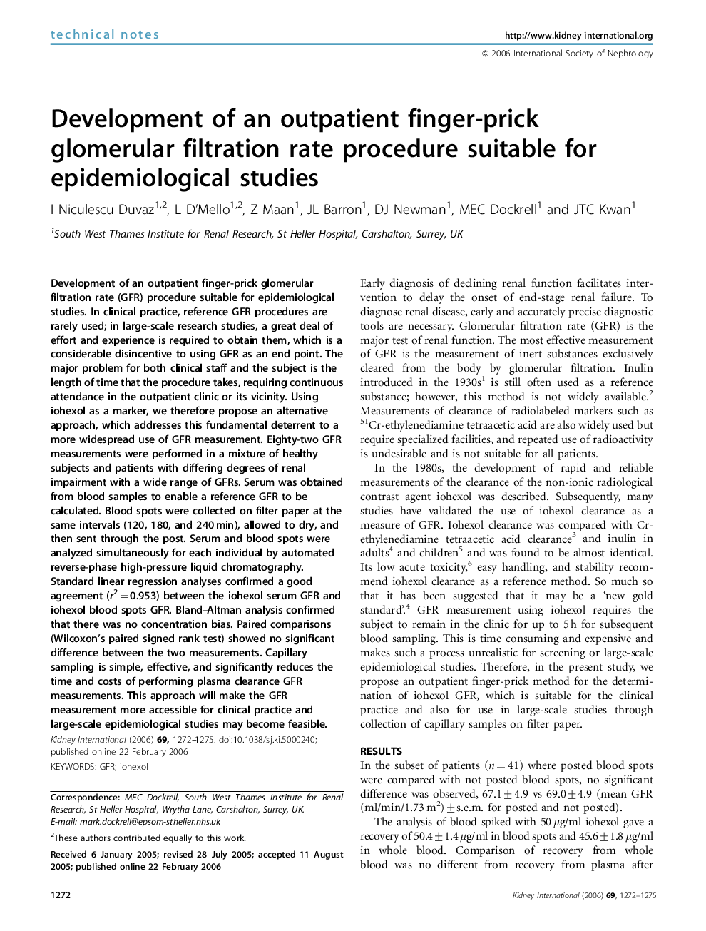 Development of an outpatient finger-prick glomerular filtration rate procedure suitable for epidemiological studies