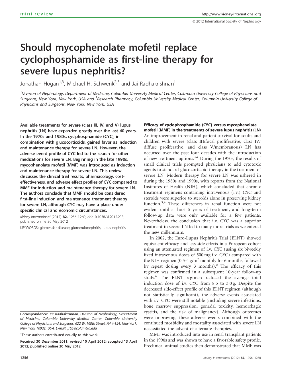 Should mycophenolate mofetil replace cyclophosphamide as first-line therapy for severe lupus nephritis? 