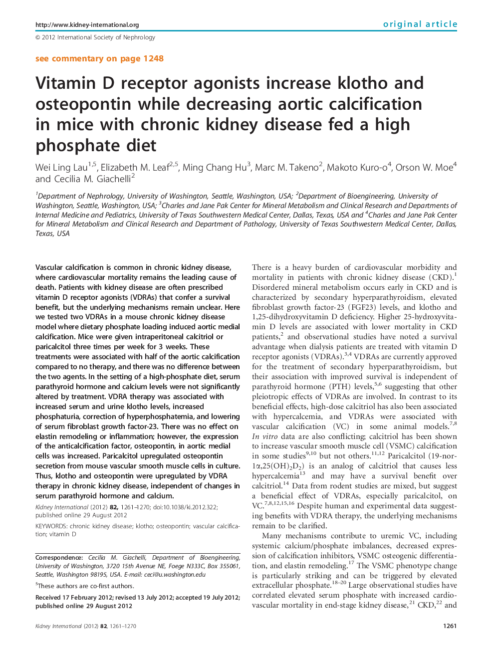 Vitamin D receptor agonists increase klotho and osteopontin while decreasing aortic calcification in mice with chronic kidney disease fed a high phosphate diet 