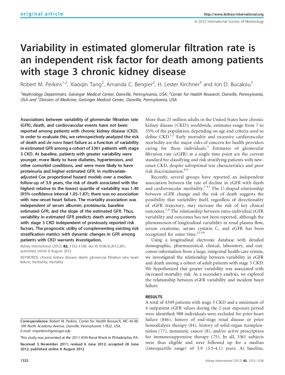 Variability in estimated glomerular filtration rate is an independent risk factor for death among patients with stage 3 chronic kidney disease 