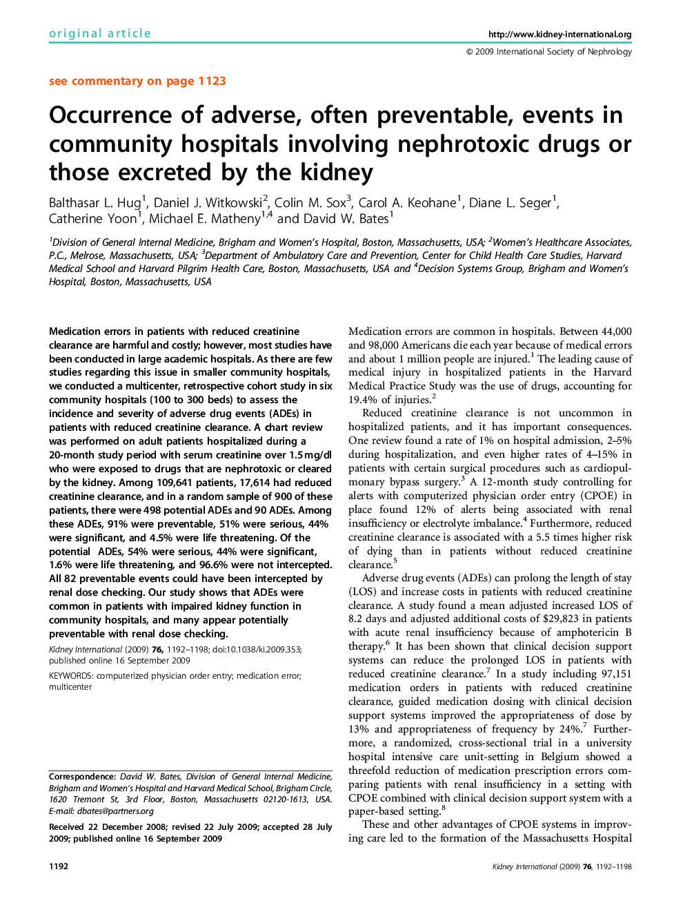 Occurrence of adverse, often preventable, events in community hospitals involving nephrotoxic drugs or those excreted by the kidney 