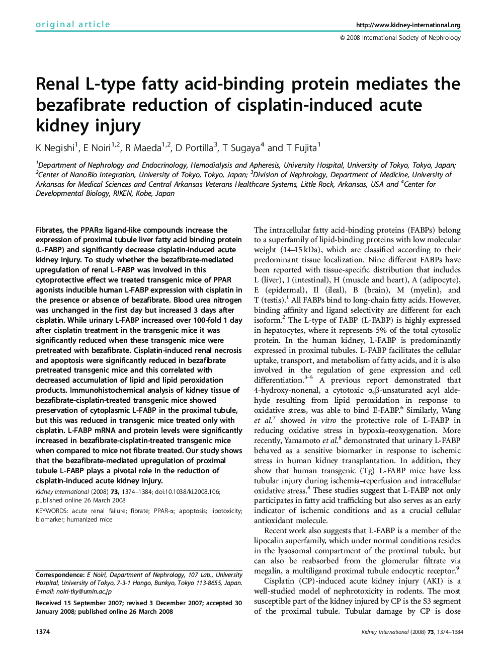 Renal L-type fatty acid-binding protein mediates the bezafibrate reduction of cisplatin-induced acute kidney injury