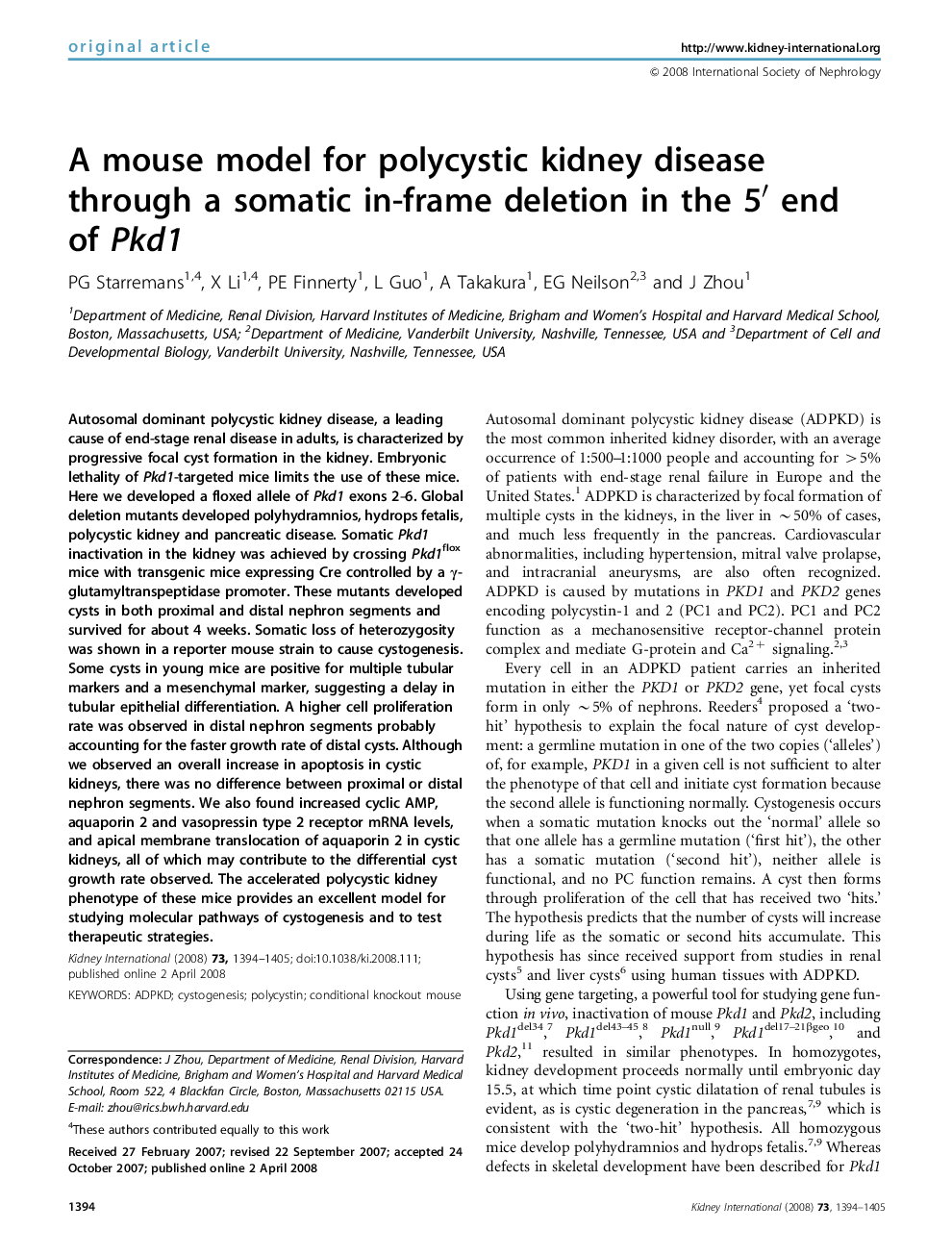 A mouse model for polycystic kidney disease through a somatic in-frame deletion in the 5′ end of Pkd1