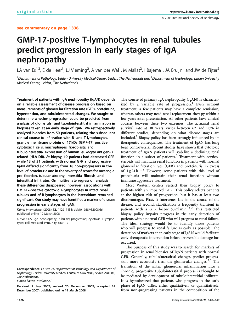 GMP-17-positive T-lymphocytes in renal tubules predict progression in early stages of IgA nephropathy