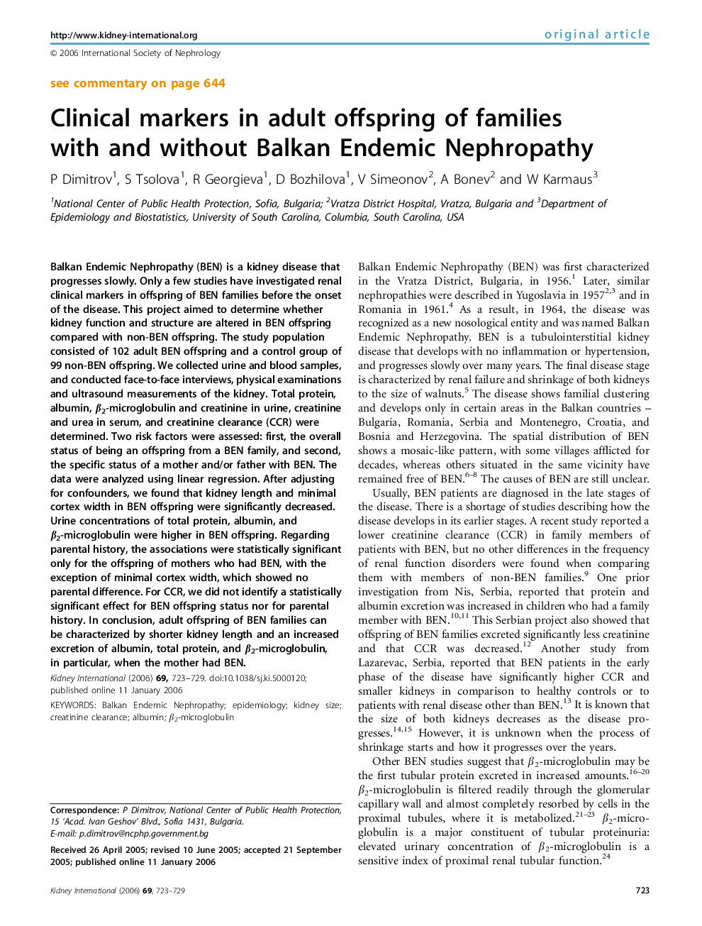 Clinical markers in adult offspring of families with and without Balkan Endemic Nephropathy