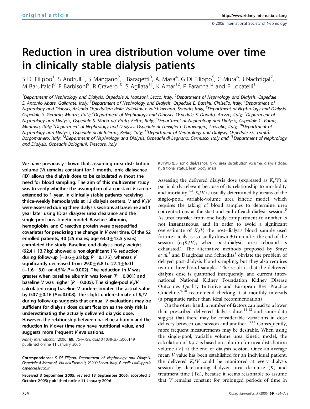 Reduction in urea distribution volume over time in clinically stable dialysis patients