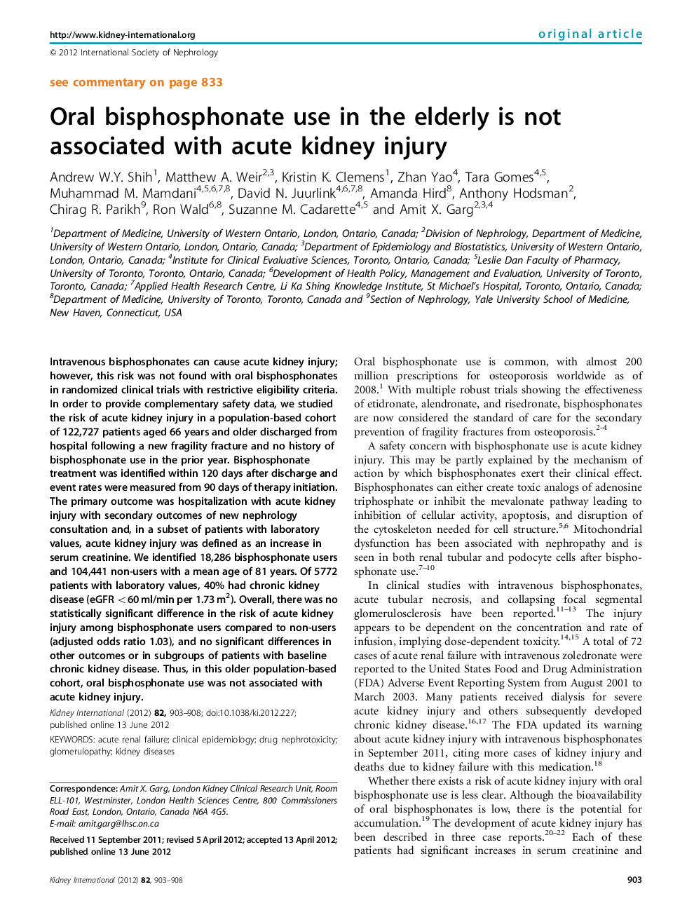 Oral bisphosphonate use in the elderly is not associated with acute kidney injury 