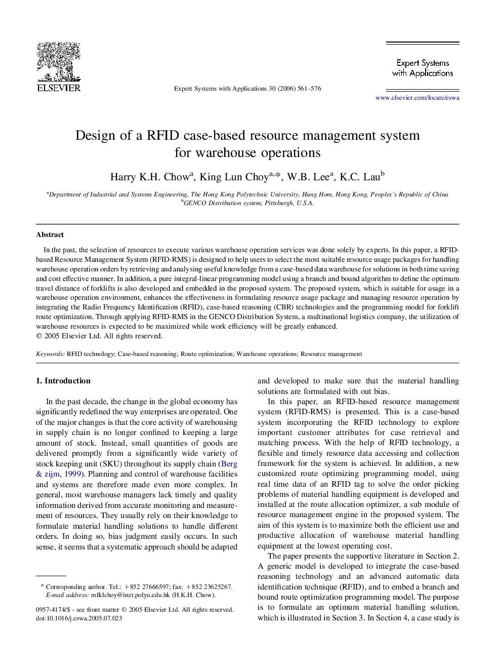 Design of a RFID case-based resource management system for warehouse operations