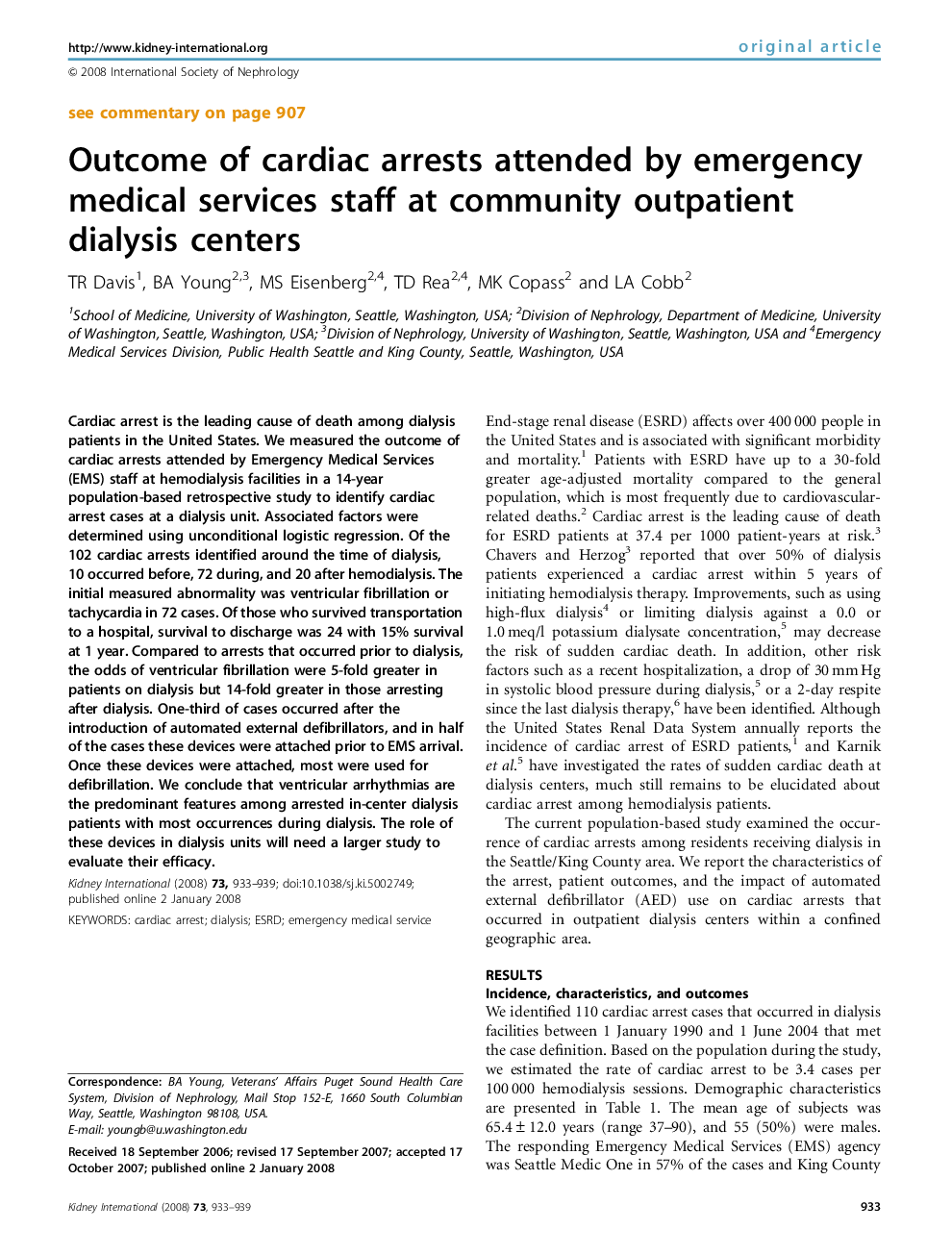 Outcome of cardiac arrests attended by emergency medical services staff at community outpatient dialysis centers