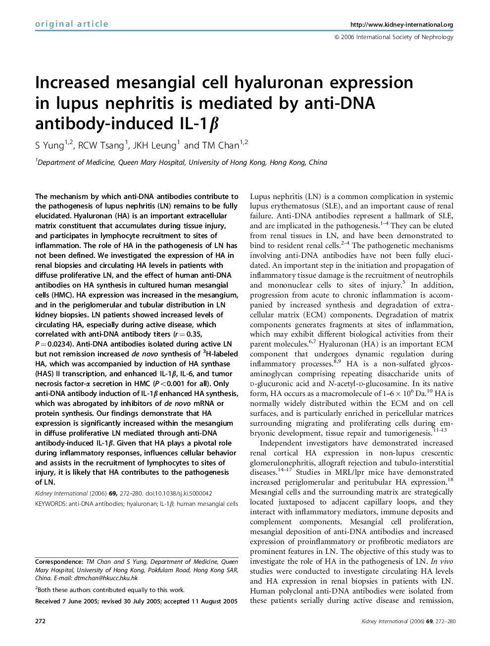 Increased mesangial cell hyaluronan expression in lupus nephritis is mediated by anti-DNA antibody-induced IL-1β