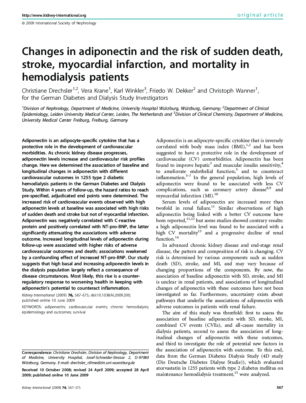 Changes in adiponectin and the risk of sudden death, stroke, myocardial infarction, and mortality in hemodialysis patients