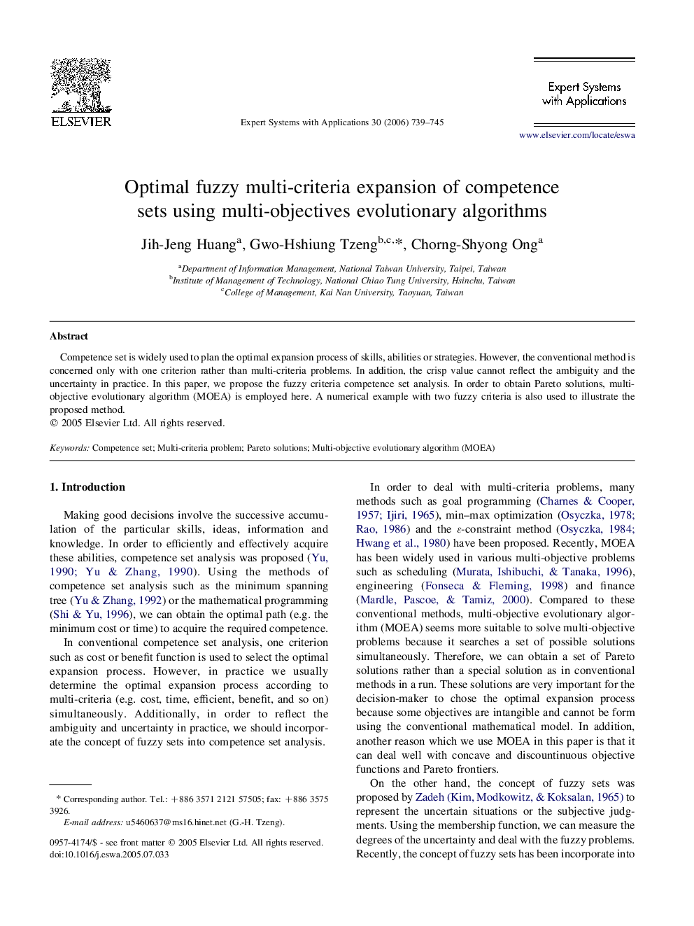 Optimal fuzzy multi-criteria expansion of competence sets using multi-objectives evolutionary algorithms