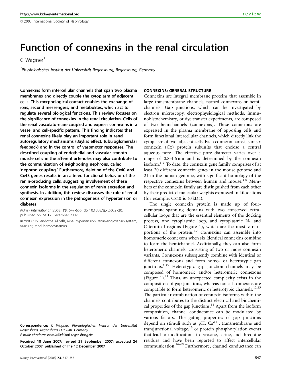 Function of connexins in the renal circulation