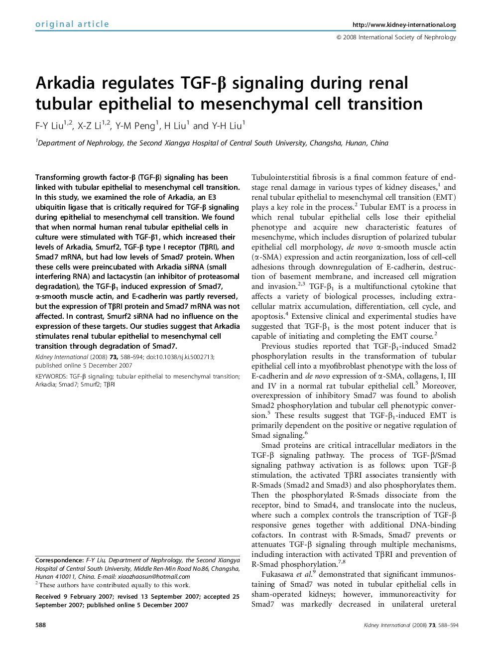 Arkadia regulates TGF-β signaling during renal tubular epithelial to mesenchymal cell transition